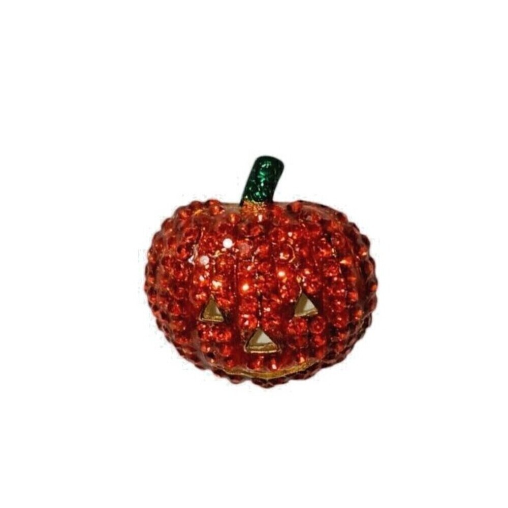 Orange Pumpkin Brooch Crystal Rhinestones Jack O Lantern Halloween Pin Sparkly